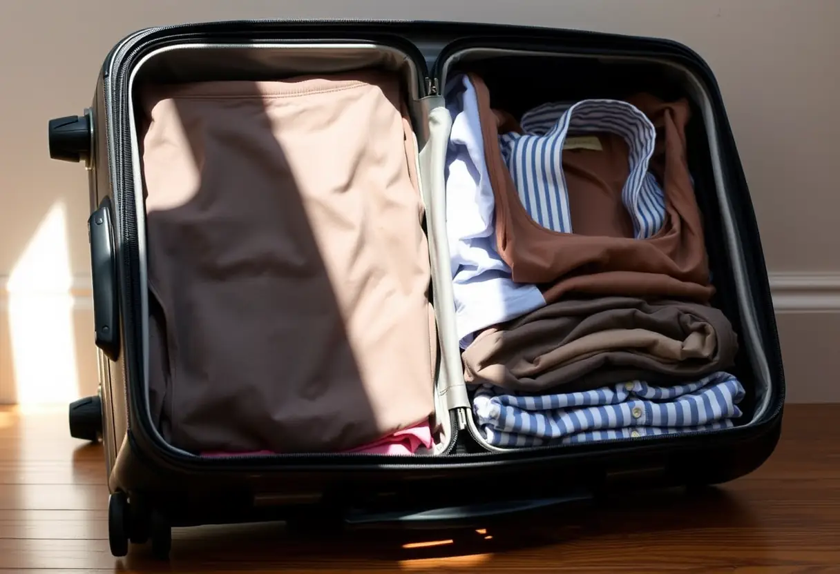 Une valise rigide posée sur le côté, révélant des vêtements rangés avec soin dans ses compartiments ouverts