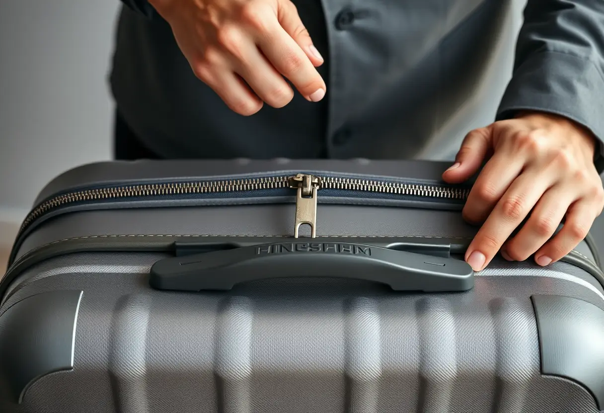 Des mains en train de fermer une valise rigide, mettant en valeur la fermeture à glissière robuste et la construction solide de la valise