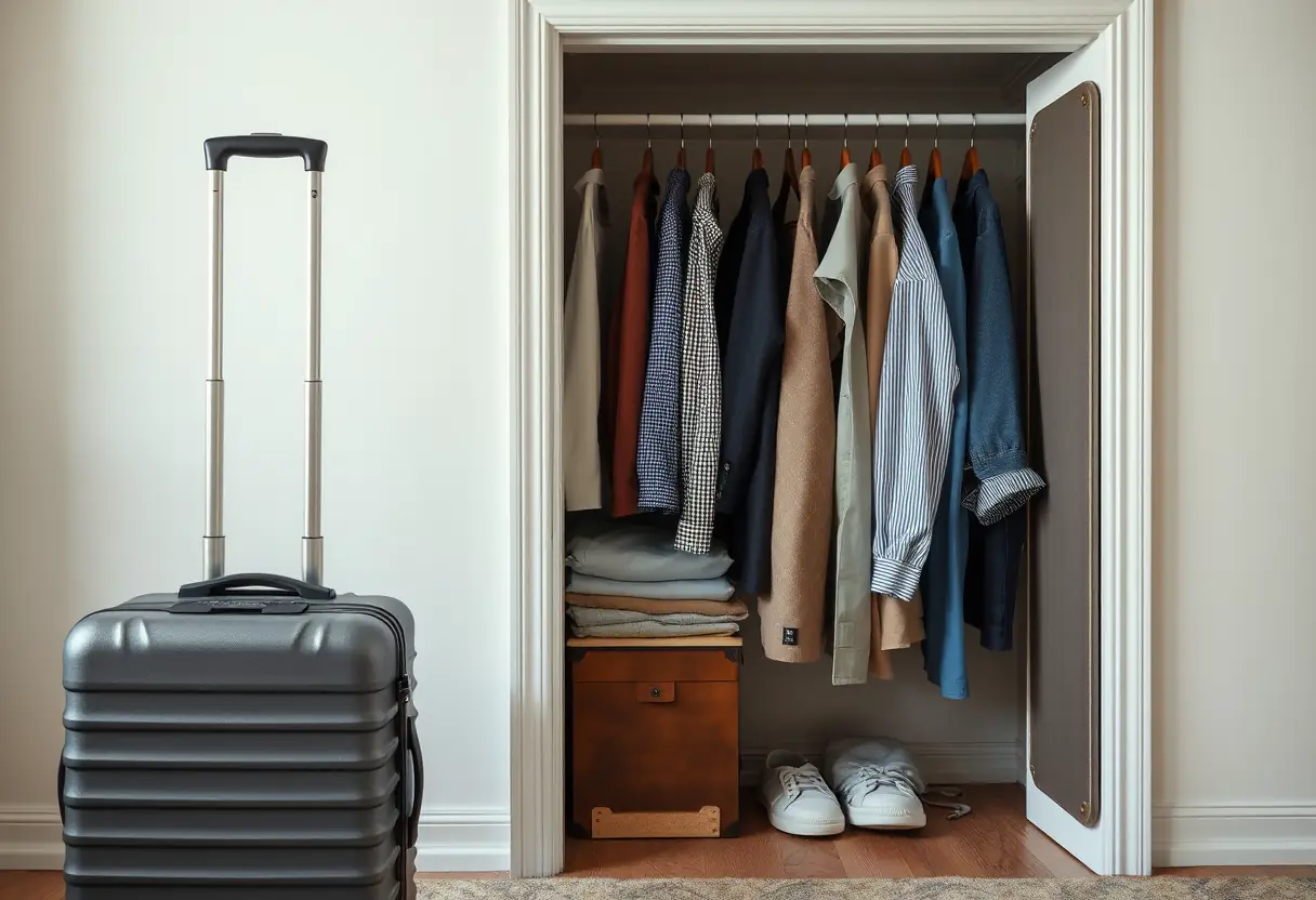 Une poignée télescopique sortant d'une valise cabine placée près d'un placard bien rangé