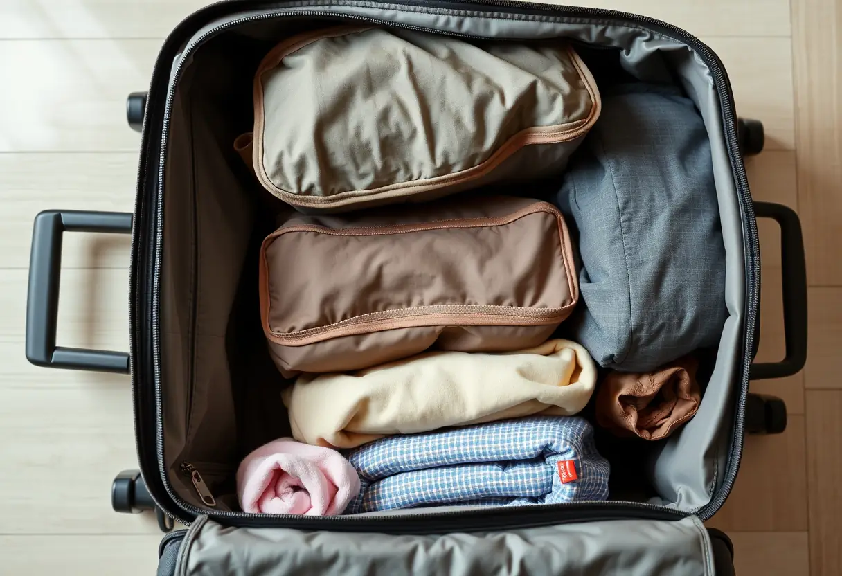 Des cubes de rangement empilés à l'intérieur d'une valise cabine partiellement ouverte, montrant divers vêtements pliés avec soin