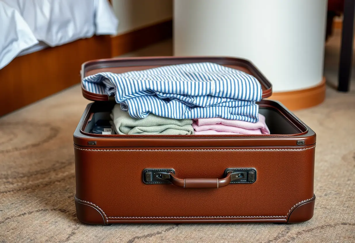 Une valise rectangulaire fermée posée sur le sol d'une chambre d'hôtel, avec une pile de vêtements pliés visibles à travers son couvercle légèrement ouvert
