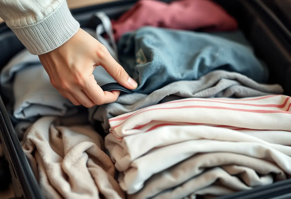 La main qui ferme la fermeture éclair d'une valise moyenne pleine de vêtements pliés avec soin