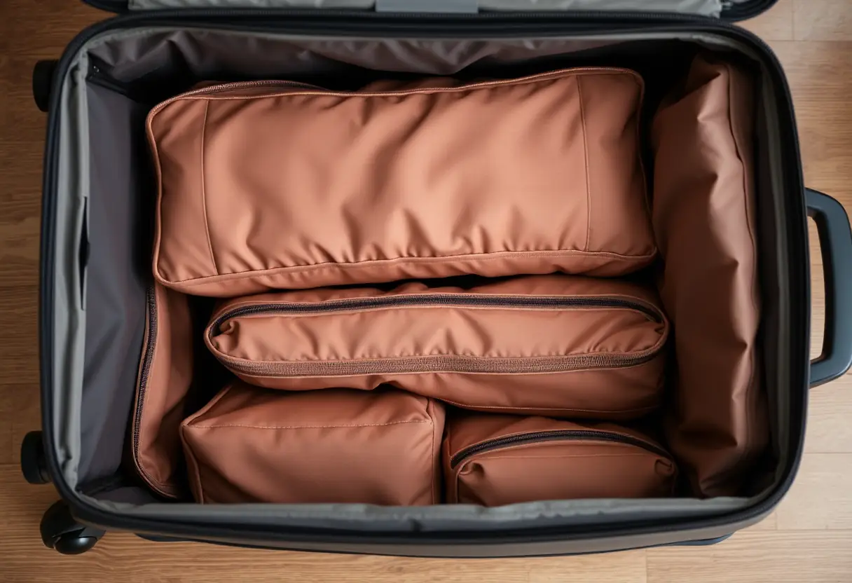 Des cubes de rangement disposés soigneusement à l'intérieur d'une grande valise dont le couvercle est légèrement ouvert, révélant les contenus organisés à l'intérieur
