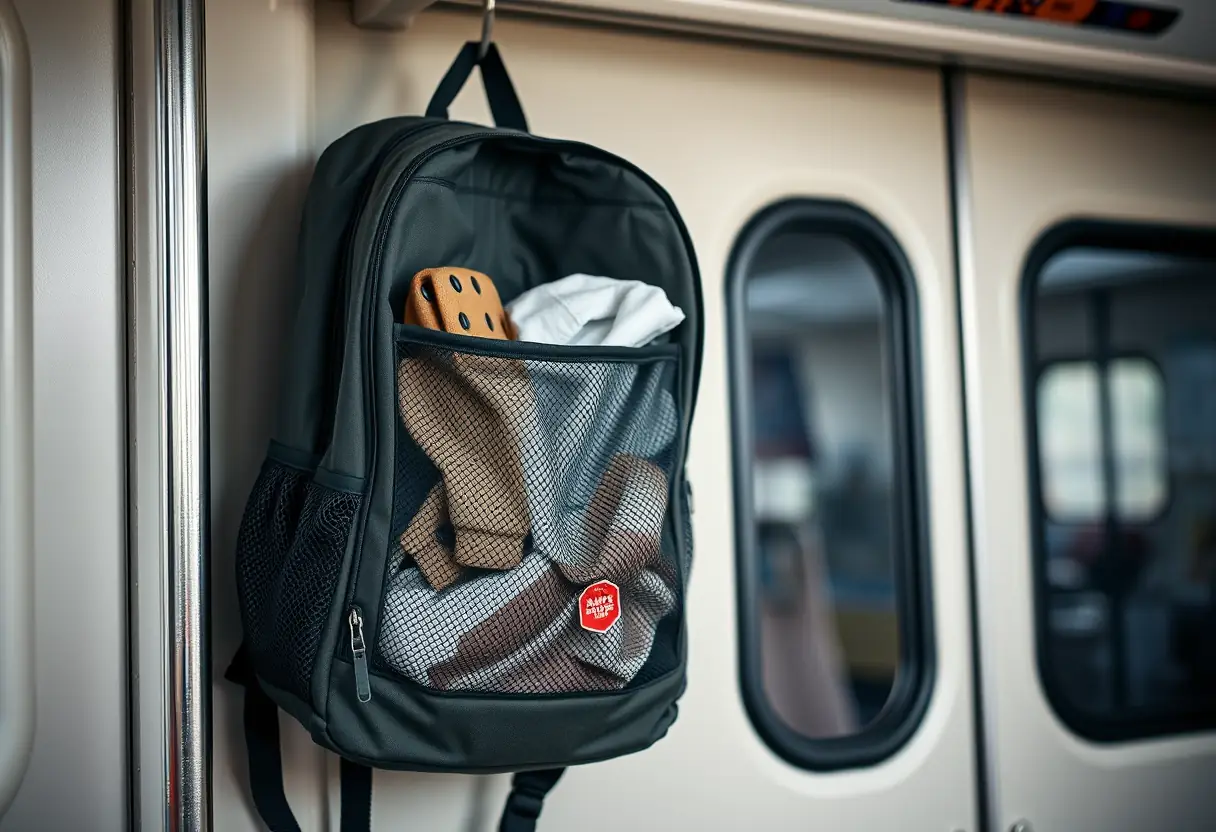 Un sac à dos bien rangé accroché à une barre de porte dans un train, avec des vêtements visibles à travers une poche maille