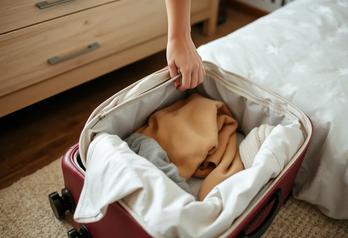 Une main ferme la fermeture éclair d'une valise souplesse sur le plancher d'une chambre, la valise étant à moitié remplie de vêtements pliés