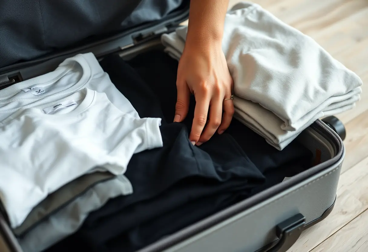 On place avec soin des chemises pliées dans une coquille de valise ouverte.
