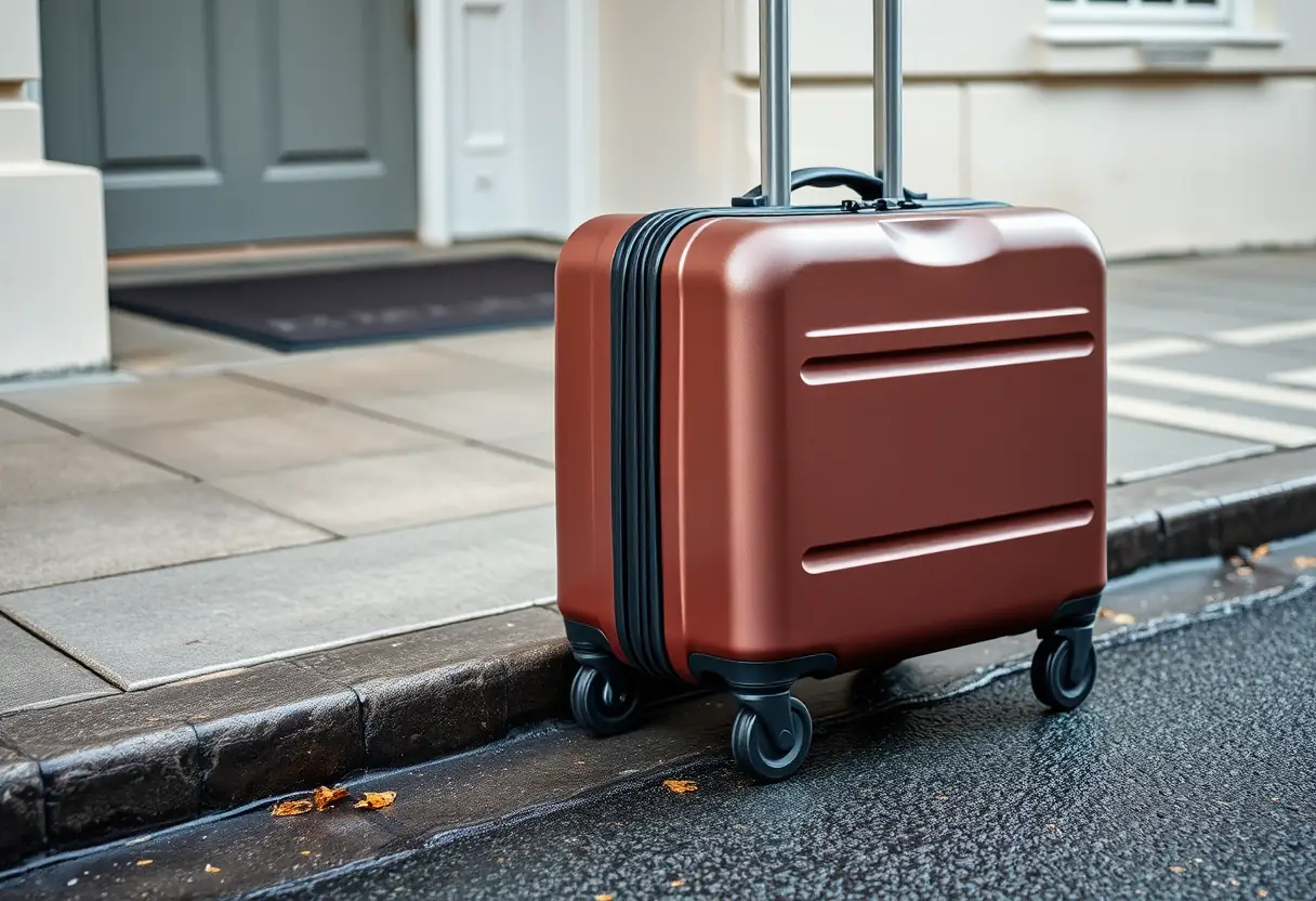 Des roues de valise tournent sur un trottoir mouillé près d'une porte d'entrée.