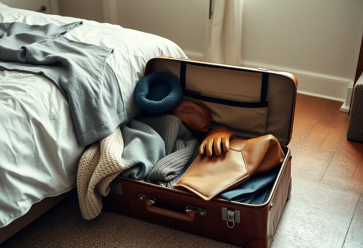 Une valise en cuir ouverte sur le sol d'une chambre, remplie de vêtements et d'accessoires
