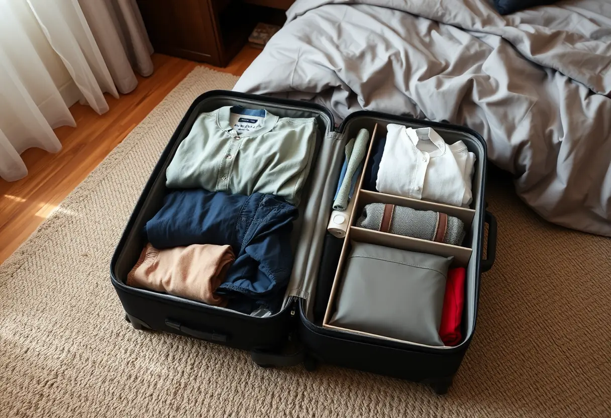 Une valise ouverte sur le plancher d'une chambre, garnie de vêtements pliés et organisés en carrés par des cubes de rangement