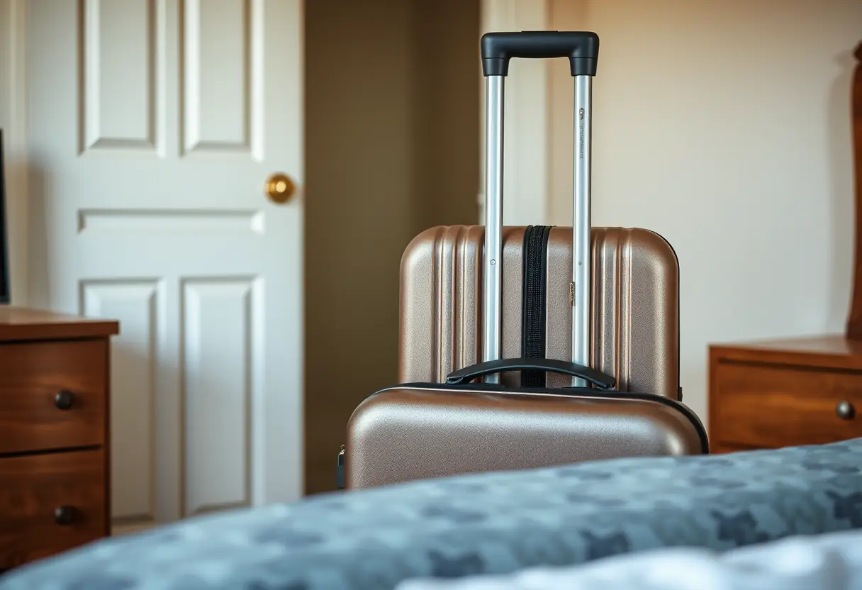La main d'un voyageur qui ferme la fermeture éclair d'une valise posée près de la porte de sa chambre, prête pour le départ