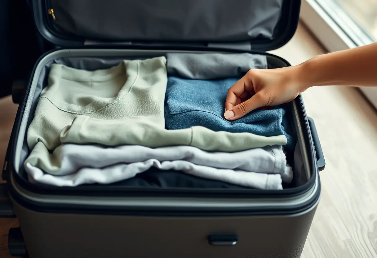 Une main arrange des vêtements pliés avec soin à l'intérieur du couvercle ouvert d'une valise en dur
