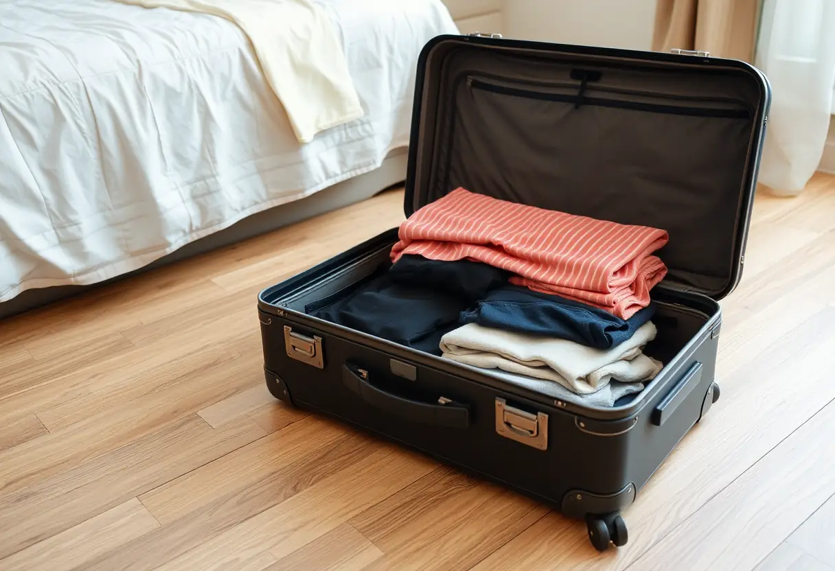 Un sac de voyage fermé sur le plancher d'une chambre, dont le couvercle est légèrement ouvert révélant des vêtements pliés avec soin