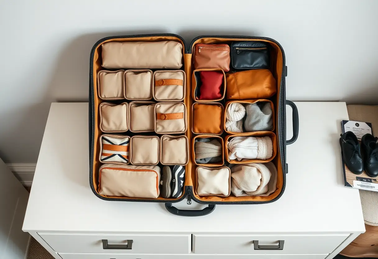 Des cubes de rangement disposés en rangées dans un sac de voyage ouvert sur une commode, formant une grille ordonnée