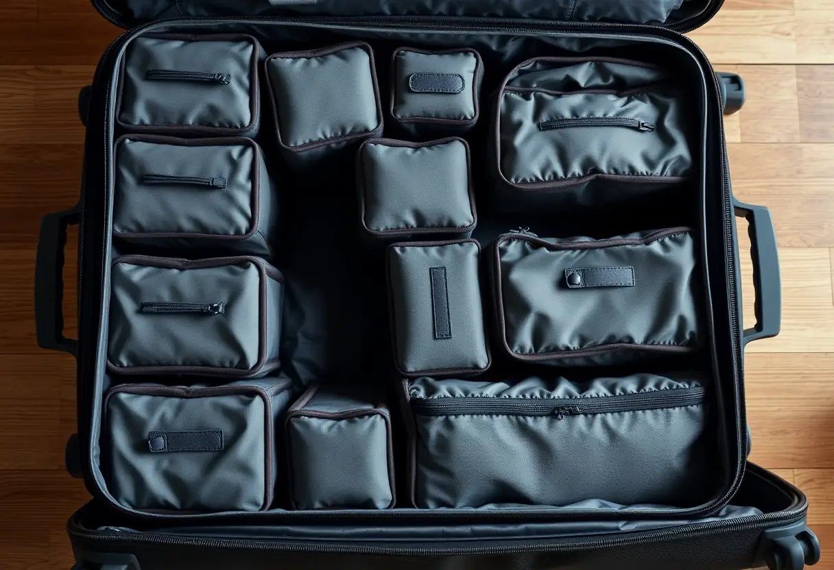 Des cubes de rangement empilés en rangées à l'intérieur d'une valise, créant des compartiments organisés