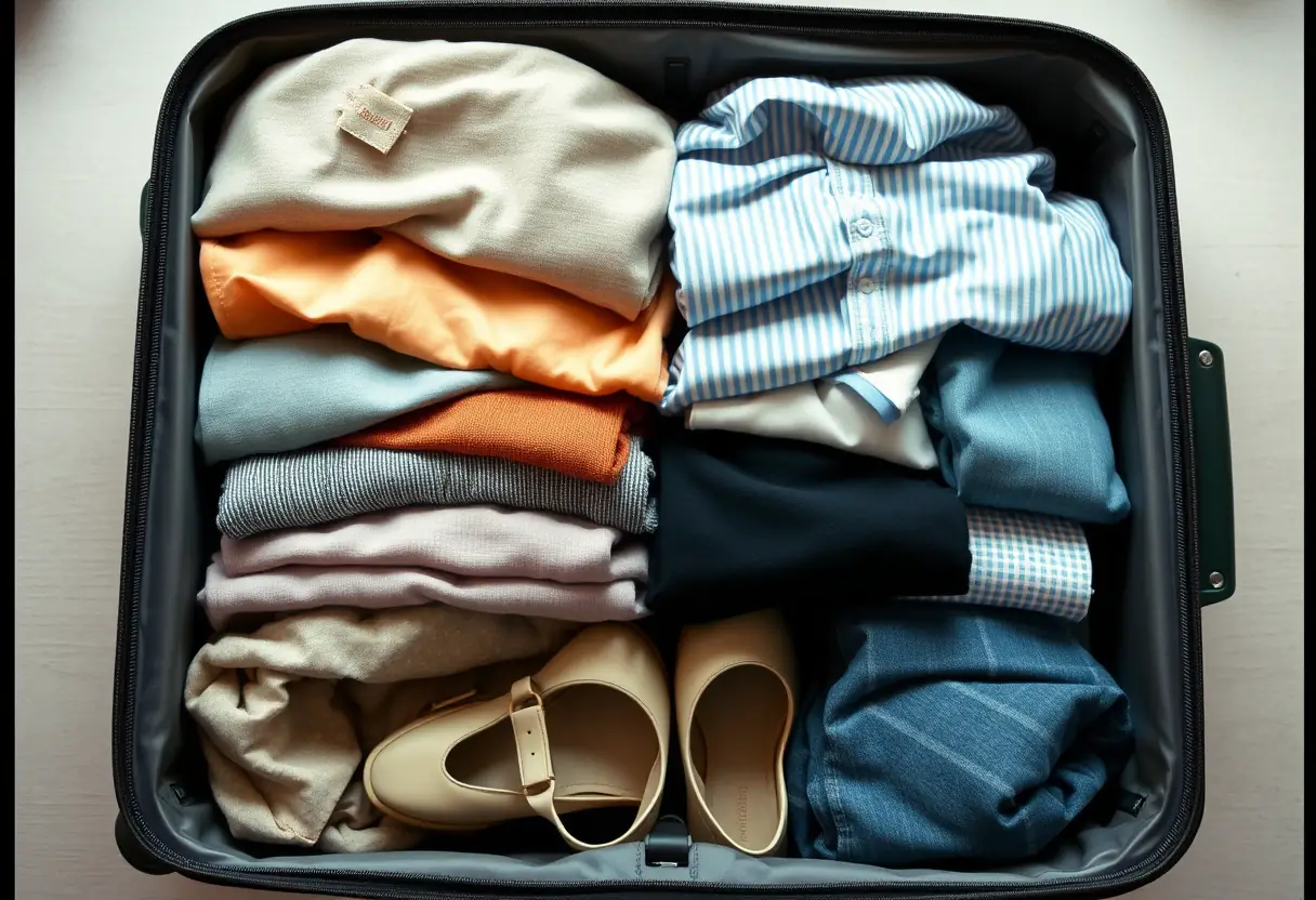 À l'intérieur d'une valise spacieuse, les vêtements sont soigneusement pliés et rangés, avec une paire de chaussures au fond.