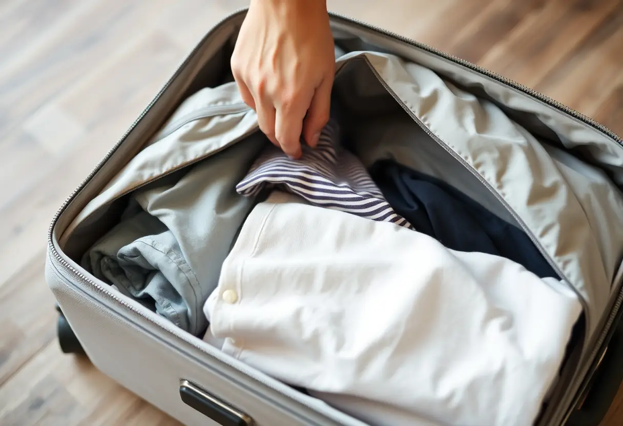 Une main refermant la fermeture éclair d'une valise souple remplie de vêtements pliés avec soin