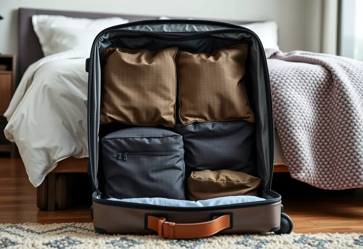 Des cubes de rangement alignés à l'intérieur d'une valise ouverte sur le plancher d'une chambre à coucher