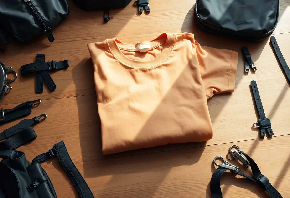 Un t-shirt en coton soigneusement plié sur une table, entouré de zip et de fermoirs métalliques