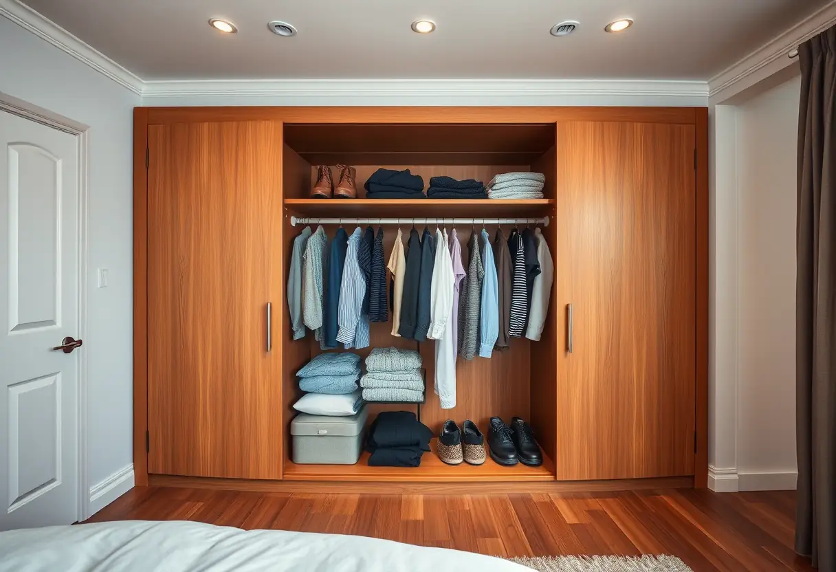 Une chambre ordonnée avec un grand placard en bois, contenant des vêtements soigneusement pliés et suspendus