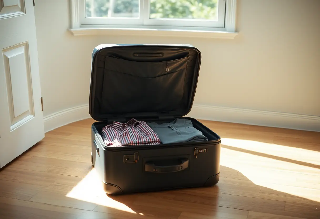 Une valise rectangulaire fermée avec son couvercle légèrement entrouvert, révélant des vêtements pliés avec soin à l'intérieur, posée sur le plancher d'une chambre sous une fenêtre laissant entrer la lumière du milieu de l'après-midi