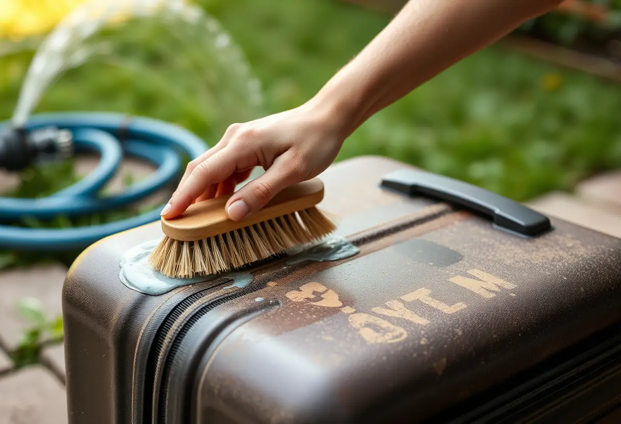 Une main tenant un pinceau à poils doux, en train d'essuyer la surface d'une valise recouverte de poussière de route et de taches d'un récent voyage, près d'un tuyau d'arrosage dans un jardin arrière
