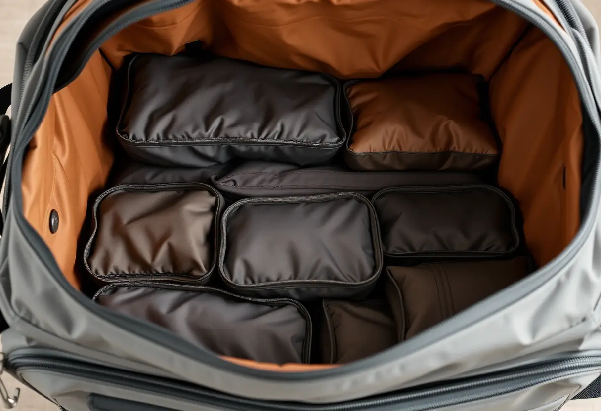 Des cubes de rangement alignés à l'intérieur d'un sac de voyage semi-ouvert en toile souple