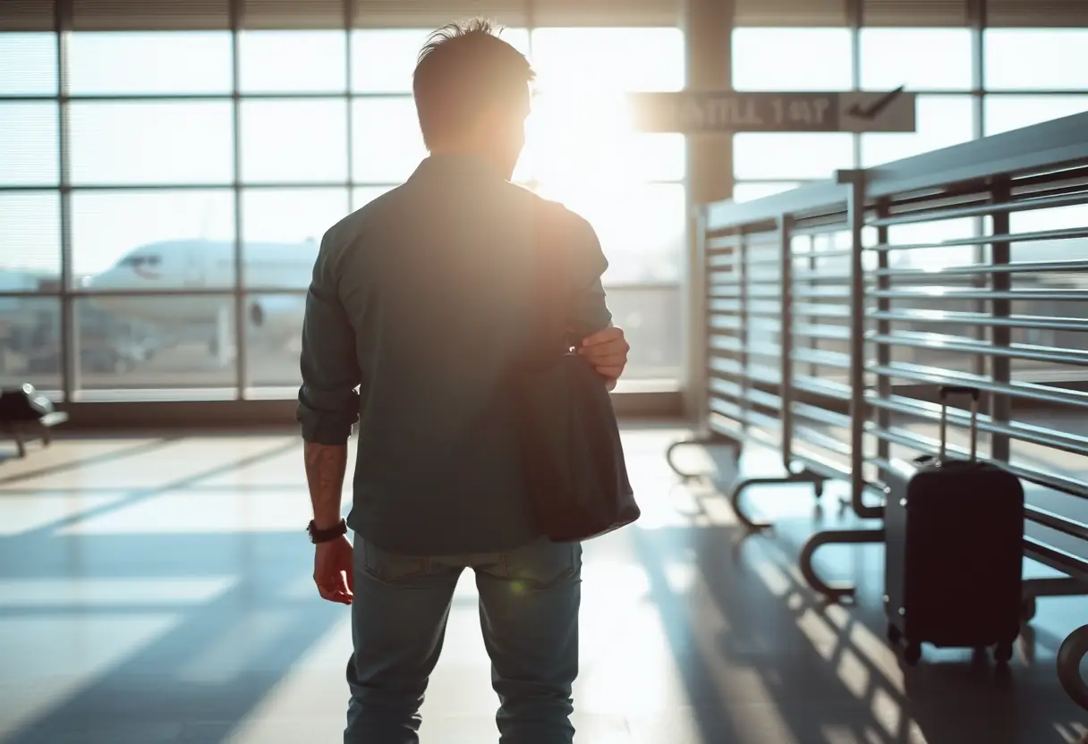 Un voyageur debout près d'une barre à bagages à l'aéroport tenant un petit sac de toilette