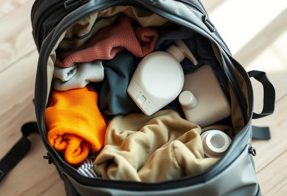 Un sac à dos bien organisé contenant des vêtements et des produits de toilette
