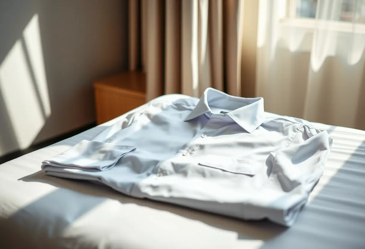 Un chemisier soigneusement plié sur le lit d'un hôtel