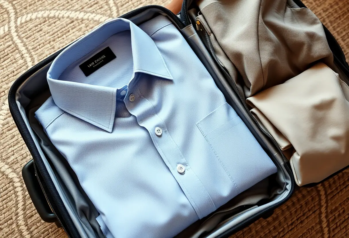 Un chemisier bien plié posé à l'intérieur d'une valise entrouverte, disposé près de pantalons repliés