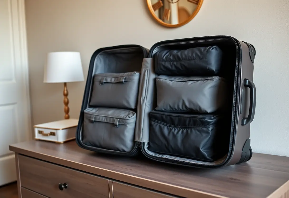 Des cubes de rangement disposés avec soin à l'intérieur d'une valise rigide fermée posée sur une commode de chambre à coucher
