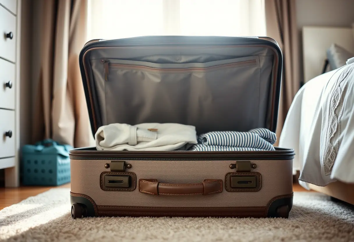 Une valise fermée avec son couvercle partiellement ouvert, révélant des vêtements pliés avec soin à l'intérieur, posée sur le plancher d'une chambre près d'une fenêtre où la lumière du matin entre
