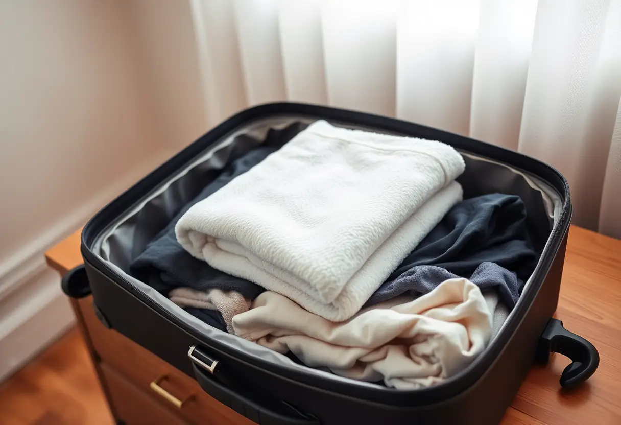 Un drap plié posé soigneusement à l'intérieur d'une valise ouverte et posée sur un meuble de chevet dans une chambre
