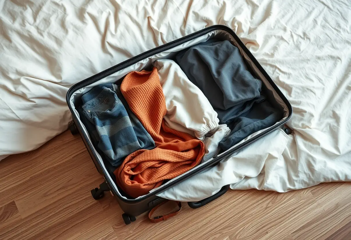 Une valise rectangulaire pleinement chargée repose sur le plancher d'une chambre avec des vêtements bien rangés à l'intérieur