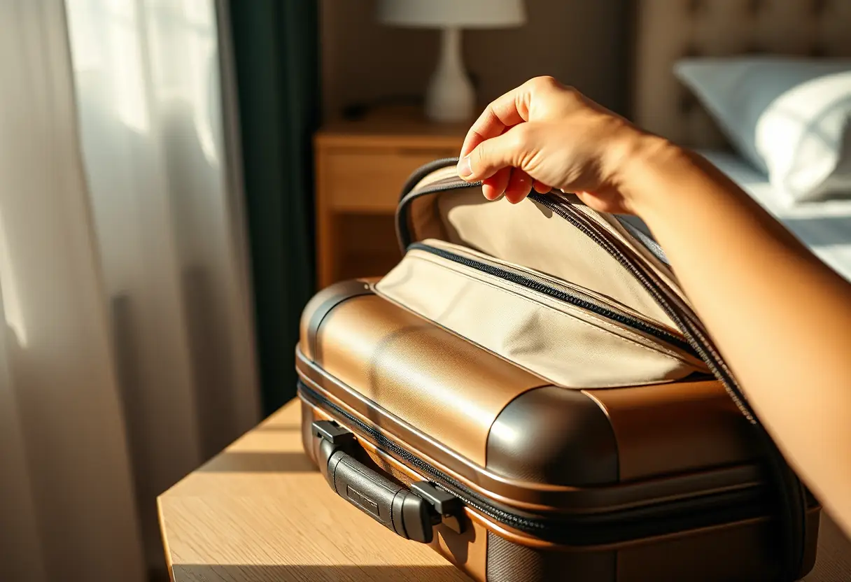 Une main refermant la fermeture éclair d'une valise cylindrique sur le bureau d'une chambre