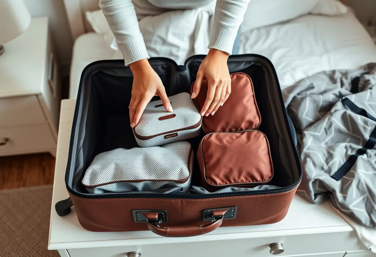 Des mains disposent des cubes de rangement à l'intérieur d'une valise sur une commode de chambre.