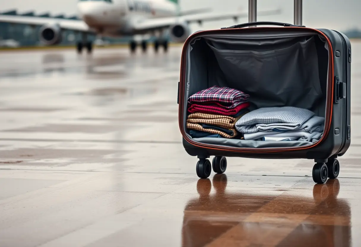 Les roues d'une valise roulent sur un tarmac mouillé à l'aéroport, la coque ouverte révélant des vêtements pliés avec soin à l'intérieur.