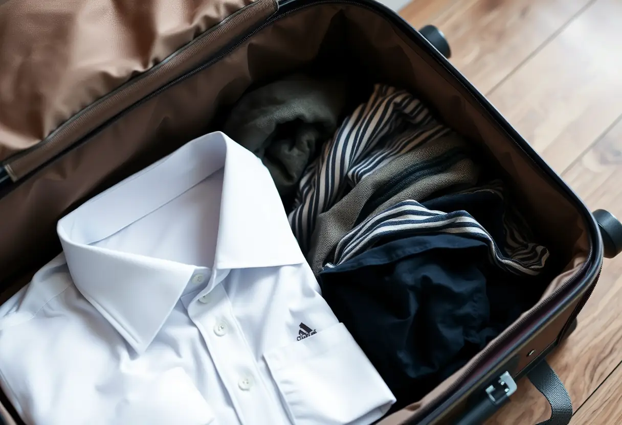Un chemisier plié soigneusement est posé à l'intérieur d'une valise qui est partiellement ouverte, avec des vêtements disposés en rangées à l'intérieur