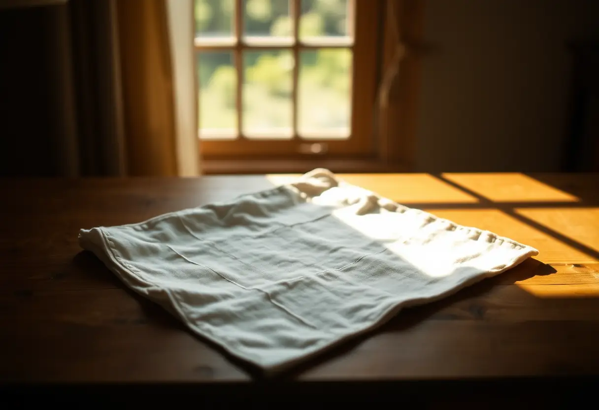 Un carré de tissu plié soigneusement sur une table, prêt à être utilisé pour le voyage.