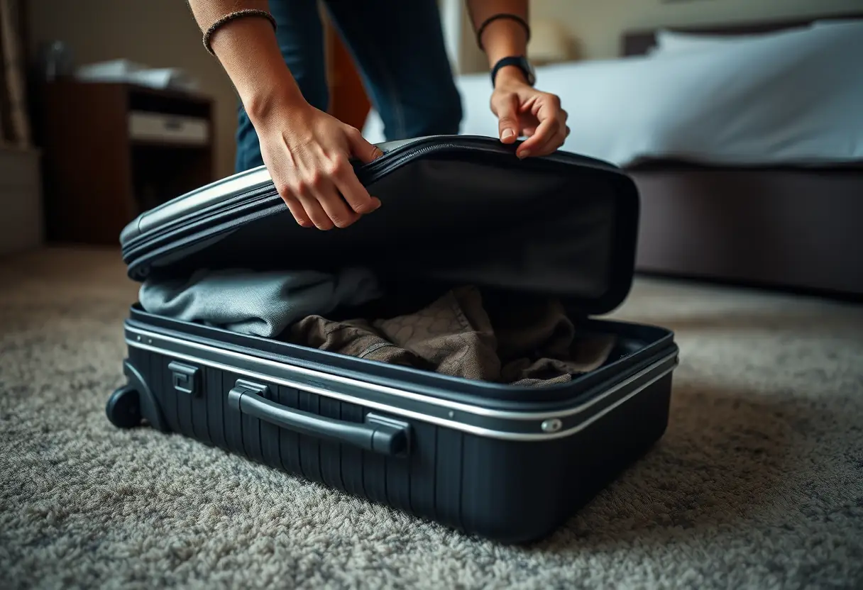 Une main ferme refermant le zip d'une valise rigide dans une chambre d'hôtel, prête pour le voyage.