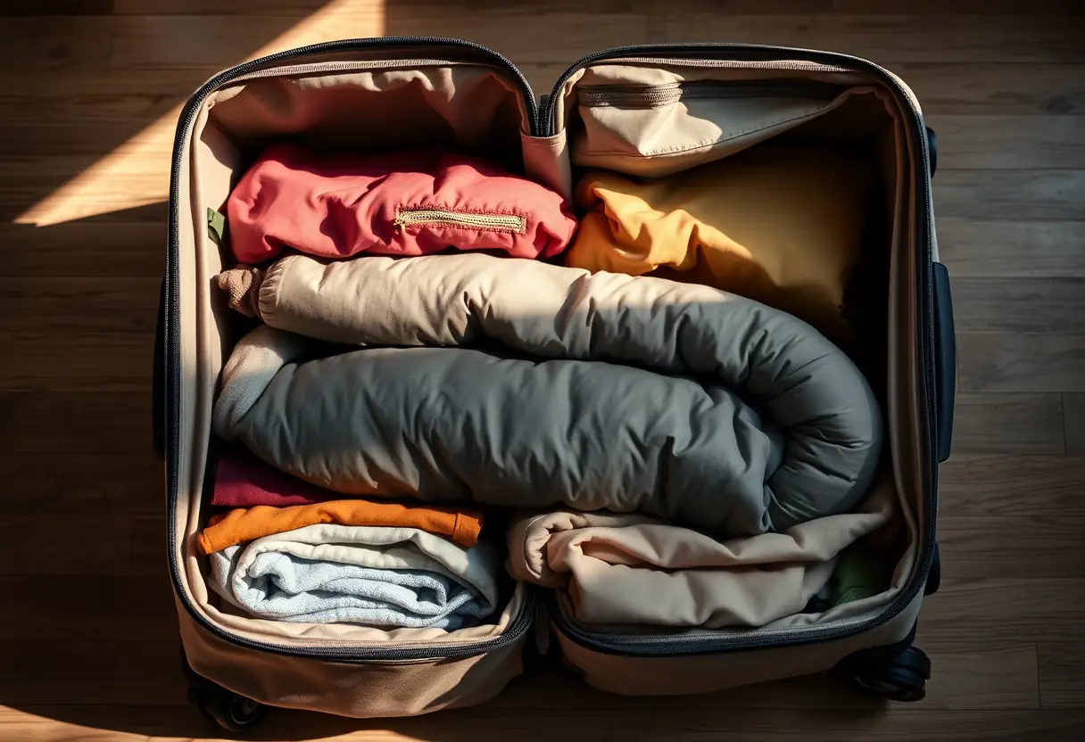 Un grand sac de voyage ouvert contenant des vêtements pliés et un sac de couchage roulé