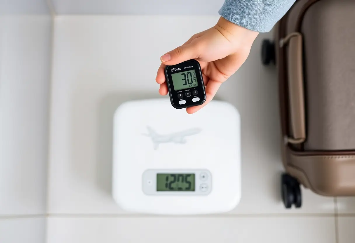 Une main tenant un poids de bagages portable, mesurant le poids d'une valise moyenne sur une balance de salle de bain, assurant qu'elle soit conforme aux limites des compagnies aériennes