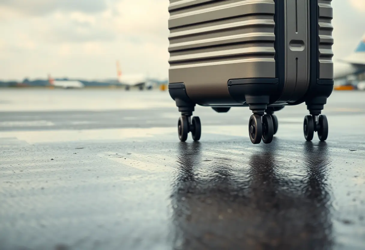 Des roues d'une valise roulent sur l'asphalte mouillé d'une piste de stationnement d'aéroport, avec des avions flous en arrière-plan