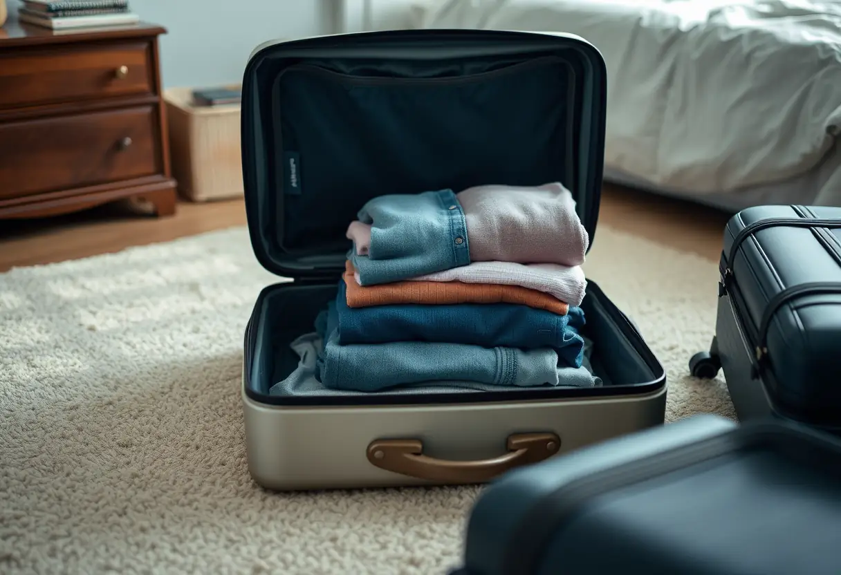 Un amoncellement de vêtements pliés dans une valise ouverte posée sur le plancher d'une chambre, avec une autre valise partiellement remplie à côté.