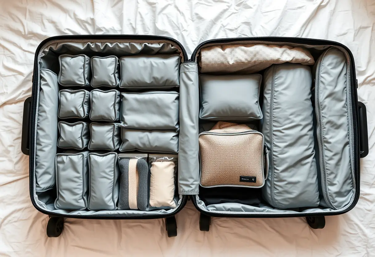 Des cubes de rangement organisés en rangées dans une valise de taille importante ouverte sur un lit, montrant des objets rangés avec soin.