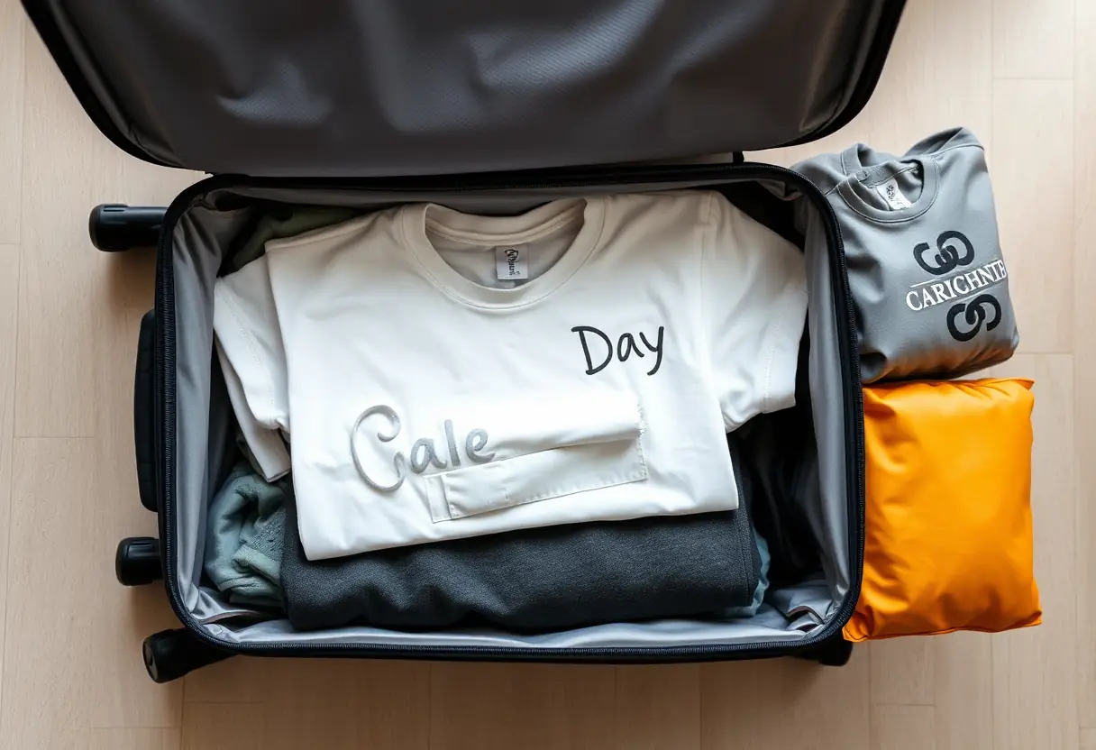 Un T-shirt plié soigneusement placé à l'intérieur d'une valise rectangulaire dont la couvercle est partiellement ouverte, montrant des vêtements bien rangés et des cubes de rangement
