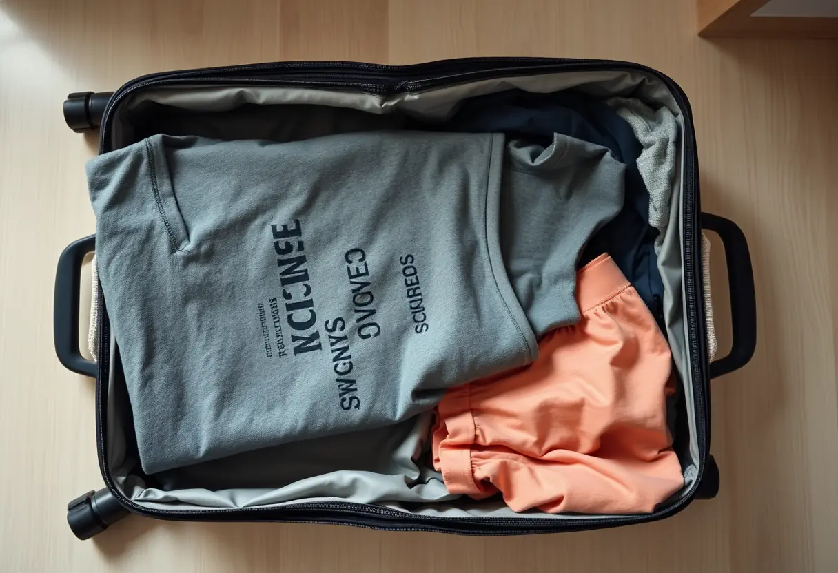 Un T-shirt plié posé à l'intérieur d'une valise ouverte contenant des sous-vêtements déjà rangés