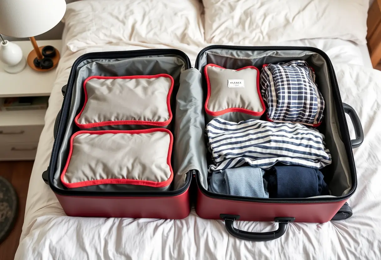 Des cubes de rangement organisés à l'intérieur d'une valise posée sur un bureau de chambre, créant des compartiments définis pour les vêtements