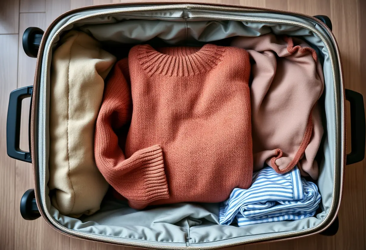 Un pull soigneusement plié placé à l'intérieur d'une valise de taille moyenne, montrant les compartiments organisés conçus pour différents types de vêtements