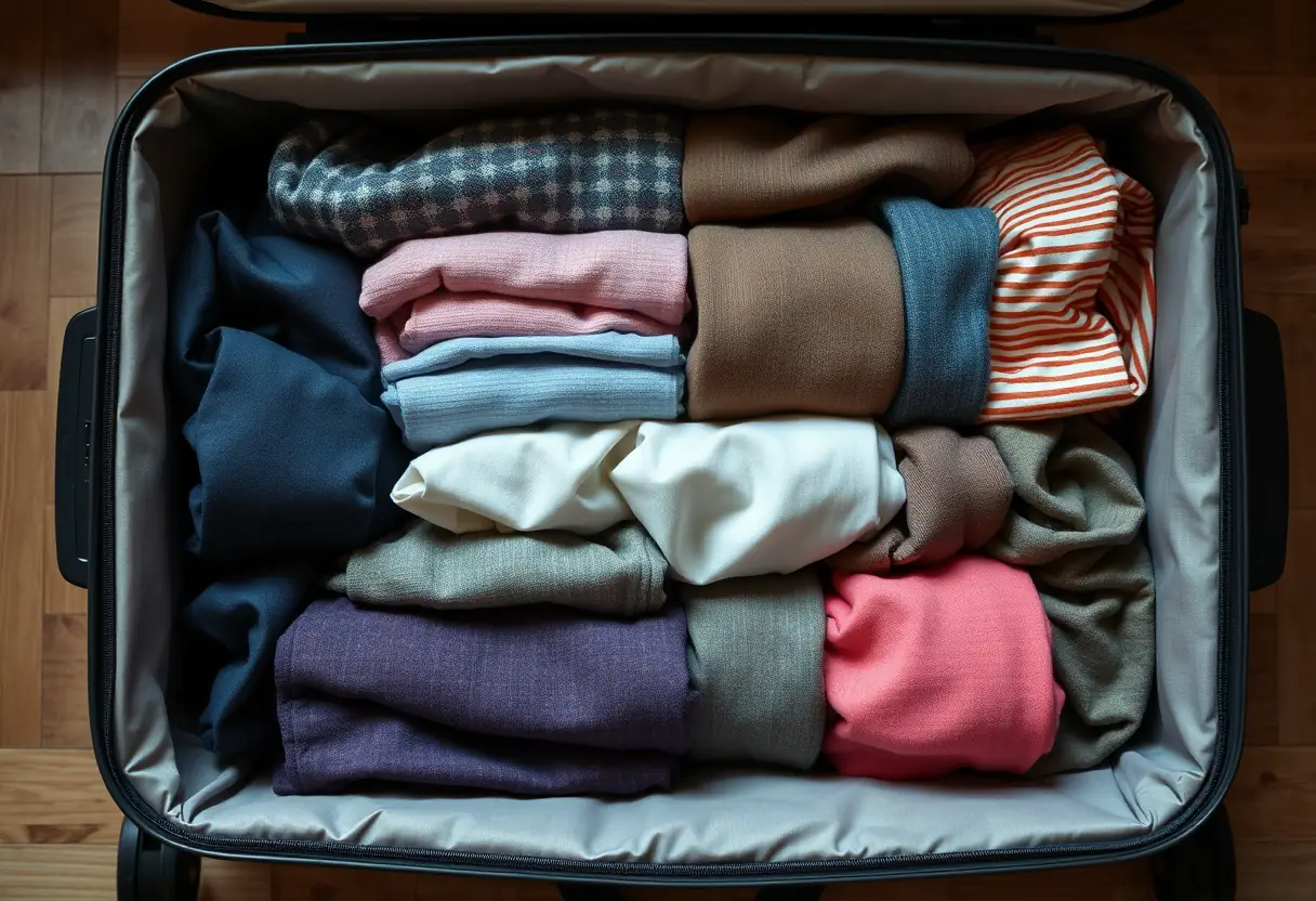 Une valise médium rigide dont le contenu est soigneusement rangé en rangées parfaitement alignées
